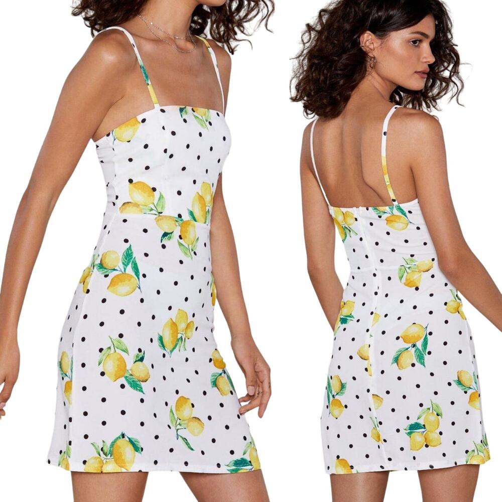 Nasty Gal Lemon Print Mini Dress Spaghetti Strap Fitted Polka Dot Womens Size 8